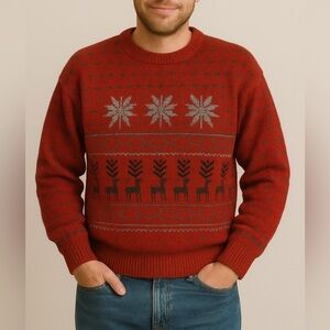 Vintage Christmas Wool Sweater Reindeer Fair Isle Red Snowflake Ski Knit holiday